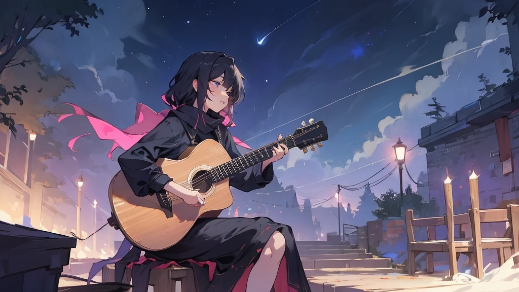 masterpiece,night,(dark alley),star、Night Sky、milky way、octone、
(1. Female), (solo), Knee hugging sitting，acousticguitar