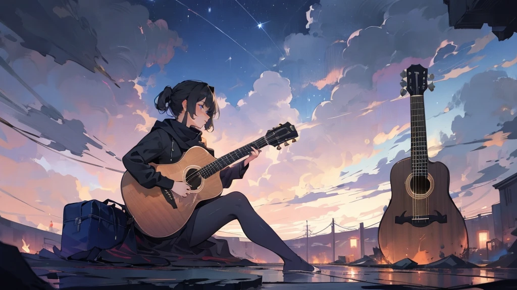 masterpiece,night,(dark alley),star、Night Sky、milky way、octone、
(1. Female), (solo), Knee hugging sitting，acousticguitar
