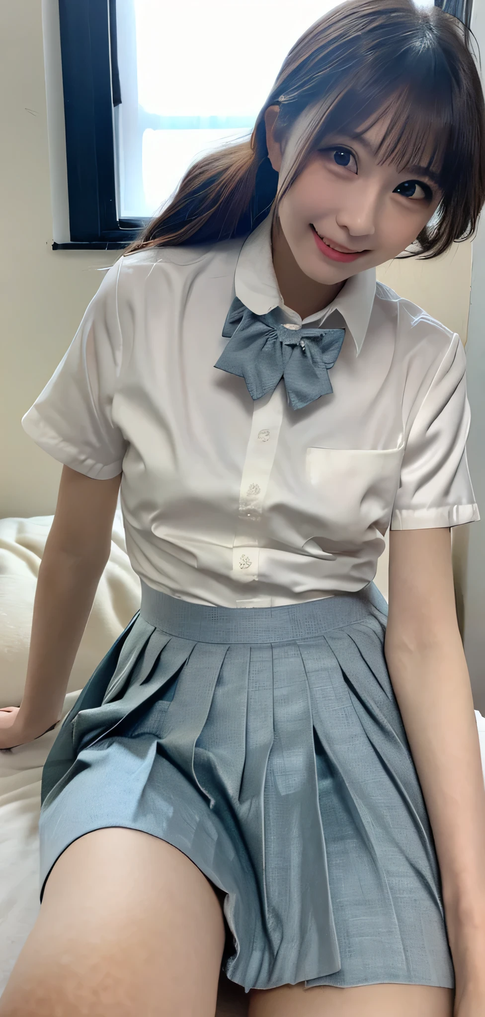 (Realistic silk panties:1.3),(Look directly at the viewer:1.5),(Big smile:1.2)32K, masterpiece, RAW Photos, Highest quality, Realistic, Highly detailed CG Unity 32K wallpaper, Depth of written boundary, Cinematic Light, Lens flare, Ray Tracing, (Very beautiful face, Beautiful Lips, Beautiful Eyes), Complex and detailed face, ((Highly detailed skin)) One Girl, Deep Shadow, Cutest Japan Girls, Super Idol, 1 girl,(Smile:1.3), Clear Eyes, Front shot, (Pale skin), (Big eyes:1.2), Look forward, (Brown Hair), Thick thighs, (Japanese School Uniform:1.1),(double eyelid:1.3),Long eyelashes,(White panties:1.2),Balanced and elegant face,(Small Mouth:1.1),Droopy eyes, Cute ass, Big Hips,((23 years old))