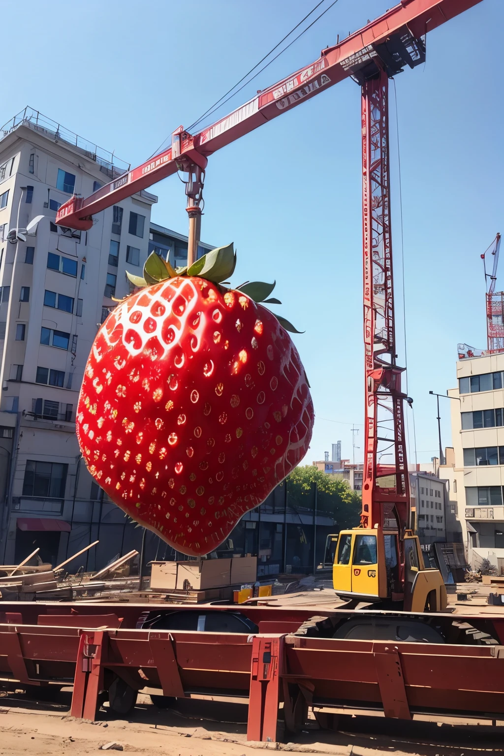 best quality, high resolution, ultra detailed, Huge (strawberry-shaped structure:1.2), (Strawberry motif:1.2), under construction, scaffolding, workers, foreman with drawings, crane, building materials, 