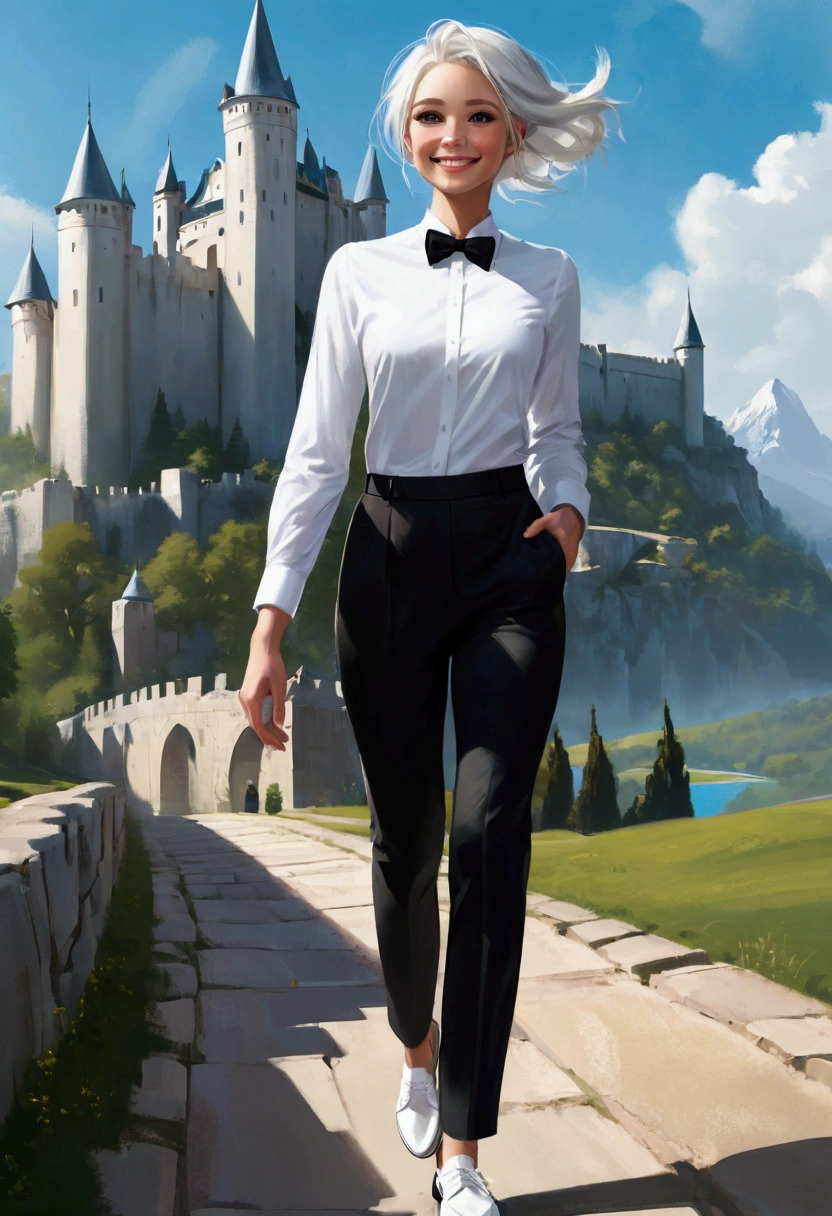 ((Inspired by Megan Hess)),A physically fit person, White Social Shirt, Black trousers, White social shoes, White hair, Slender appearance, elegant, Light blue bow tie, A smile, Ancient castle scenery, walk.