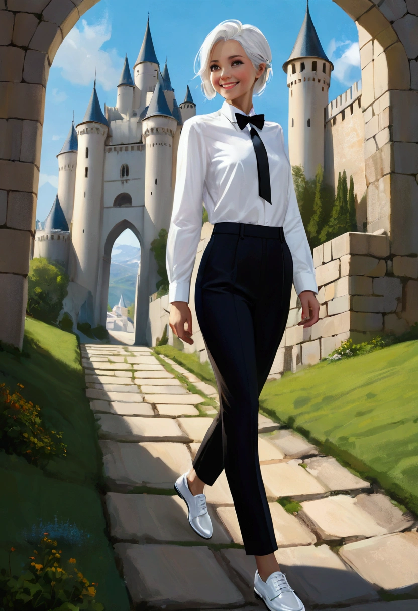 ((Inspired by Megan Hess)),A physically fit person, White Social Shirt, Black trousers, White social shoes, White hair, Slender appearance, elegant, Light blue bow tie, A smile, Ancient castle scenery, walk.