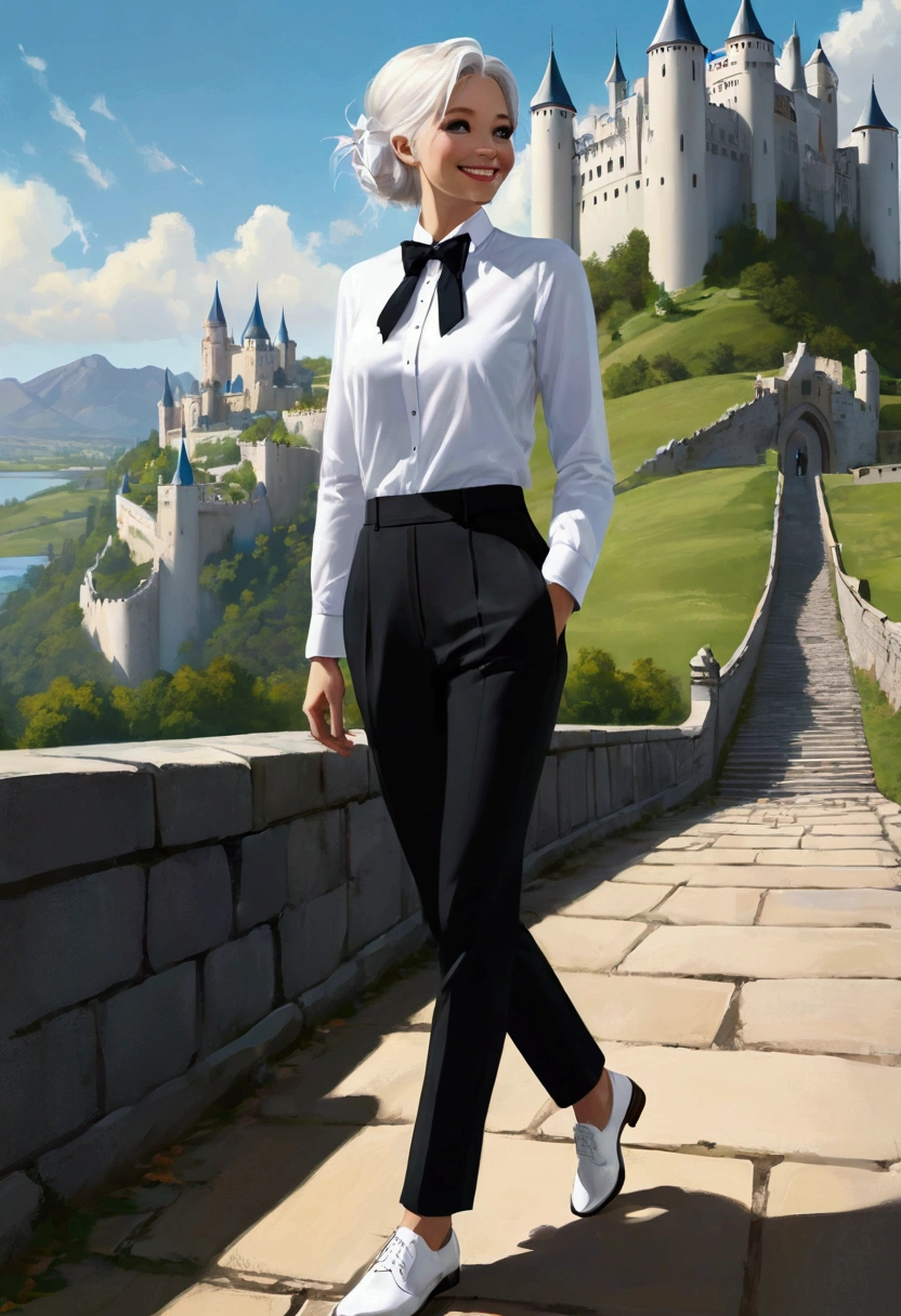 ((Inspired by Megan Hess)),A physically fit person, White Social Shirt, Black trousers, White social shoes, White hair, Slender appearance, elegant, Light blue bow tie, A smile, Ancient castle scenery, walk.