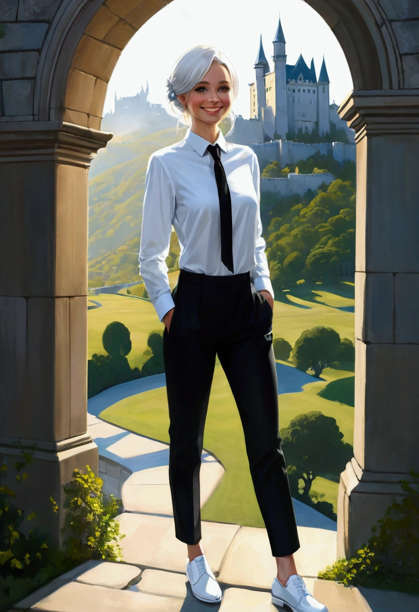 ((Inspired by Megan Hess)),A physically fit person, White Social Shirt, Black trousers, White social shoes, White hair, Slender appearance, elegant, Light blue bow tie, A smile, Ancient castle scenery, walk.