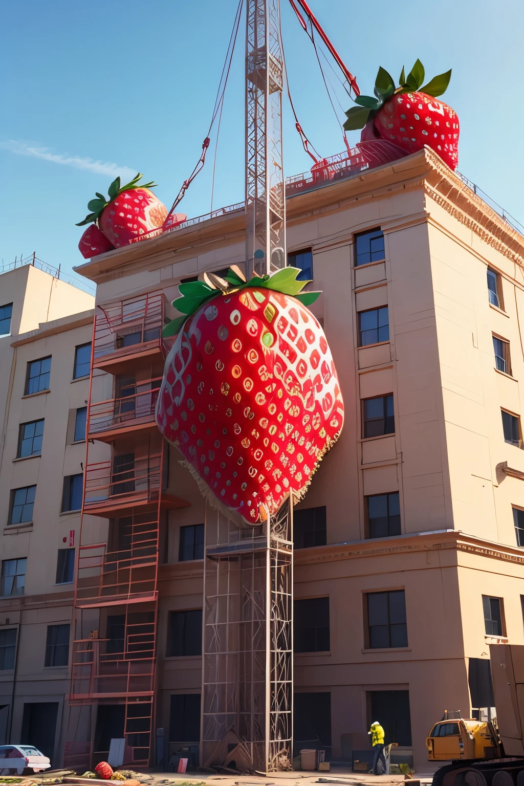 best quality, high resolution, ultra detailed, Huge (strawberry-shaped structure:1.2), (Strawberry motif:1.2), under construction, scaffolding, workers, foreman with drawings, crane, building materials, 