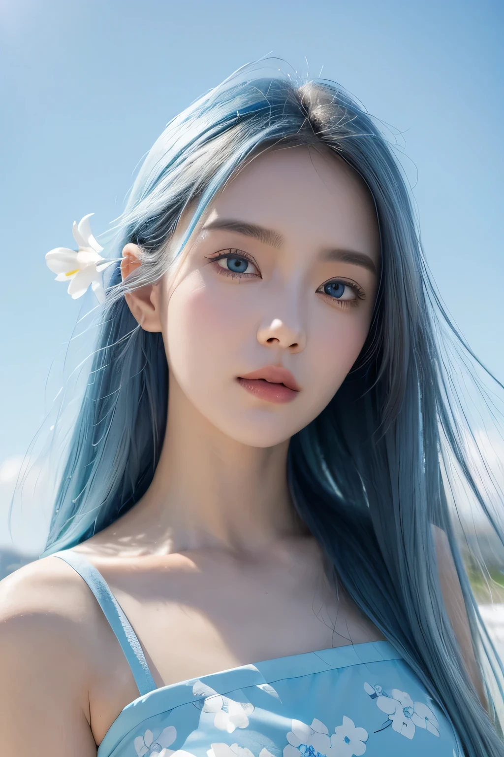 (absurd, high resolution, Extremely detailed, Ultra HD, Movie), Solitary, 1 Girl, Mature, Happy, girl standing in Light Blue flower field, Light Blue flower petal surrounding girl, whole body, Blue long hair girl, Light Blue hair, fantasy, Dreamy, snow, Official Art, Pop Art, contour, Extremely detailed face, Extremely detailed eyes, Light Blue flower field, Extremely detailed field, White blue sky, cold, Light Blue, White, Nebula in the sky, Blue Tree, watercolor, Pastel colors,close up,Face Focus