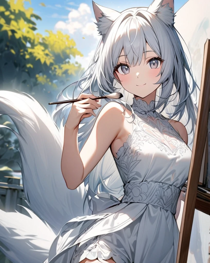 1girl that is painting a butterfly on the canvas. She's a very talented artist. Focus on her that is painting. 
1catgirl, cat ears, (white long hair)) , detailed grey eyes, intricate cool white dress. Bare shoulders, white Shorts. Portrait. Medium breast. Super detailed. Perfect anime grey eyes. 
Natural pose.  She's smiling , she's Smart . White fox tail. She's Painting a butterfly on the canvas . Artist's sprout with partially painted canvas. He is painting outdoors, it is a beautiful sunny day with blue skies, a few white clouds, meteorites and trails in the sky. Uncomplete drawing on the canvass. Artist pose. She hold a Brush and color palette. 