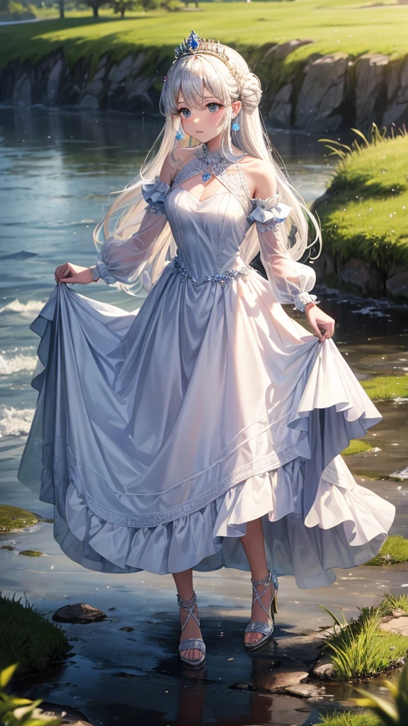 Princess, princess dress, long dress, crown , windy, high heels, dress lift, earings, , water, wet, wet dress