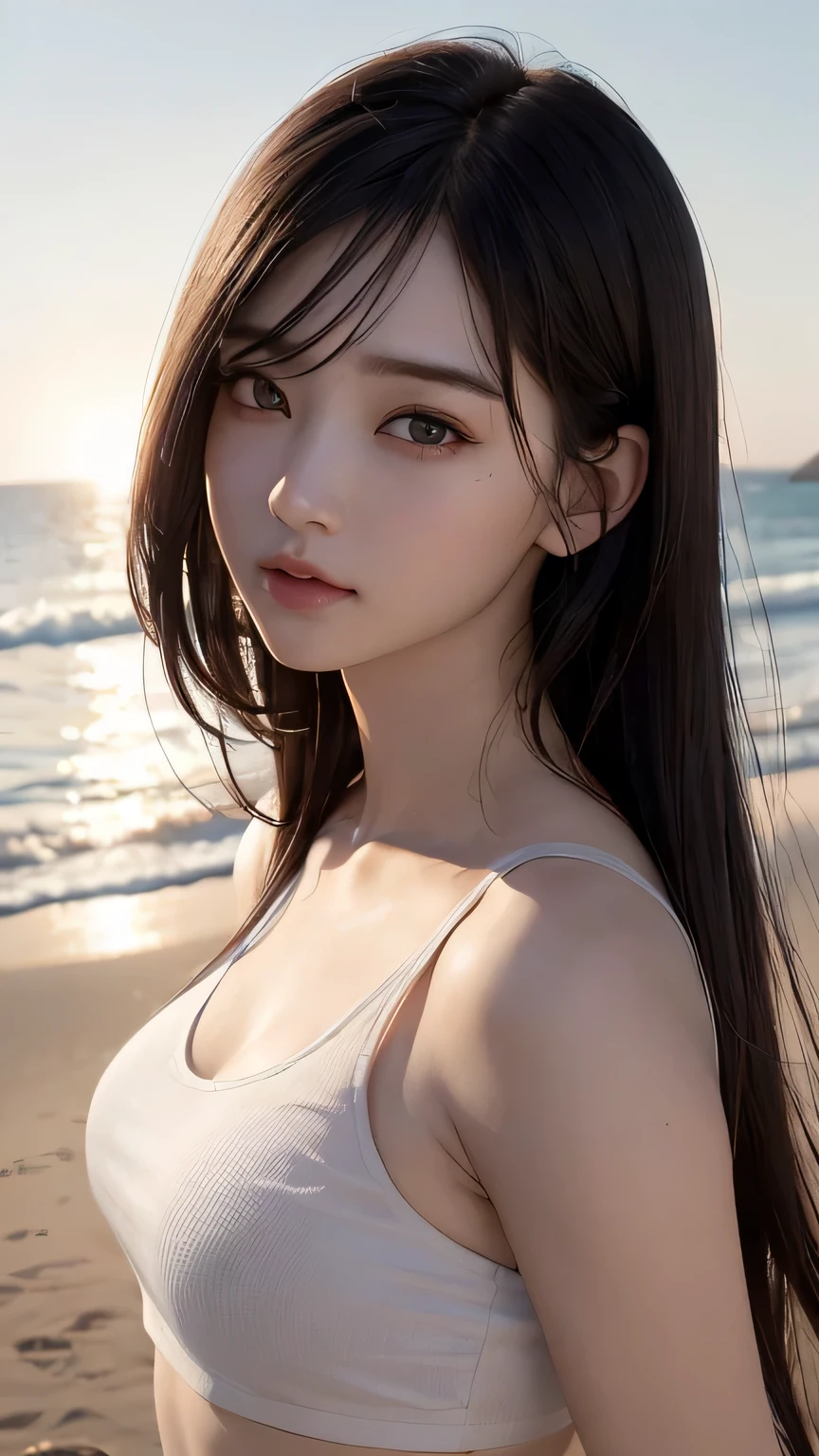 (logo、masterpiece、8k、Tabletop、RAW Photos、wonderful、最high quality、Photorealistic and Very detailed CG integrated 8k wallpaper、high quality、Very detailed、Narrative poem、Particle Effects、Dynamic Effects、Written boundary depth、Cinematic Light、Lens flare、Ray Tracing)、Fantasy、 (One beautiful woman、White pants、White T-shirt、White tube top、White crop top、Black-haired、Beautiful Face、True Face、Beautiful details、eye、Beautiful Skin、Ultimate Body、glamorous)、私の髪はwindに舞う、Hair flutters in wind、Hair bounces、Seaside、wonderful view、Coastal、sunrise、Sun in the background、wind、Beach