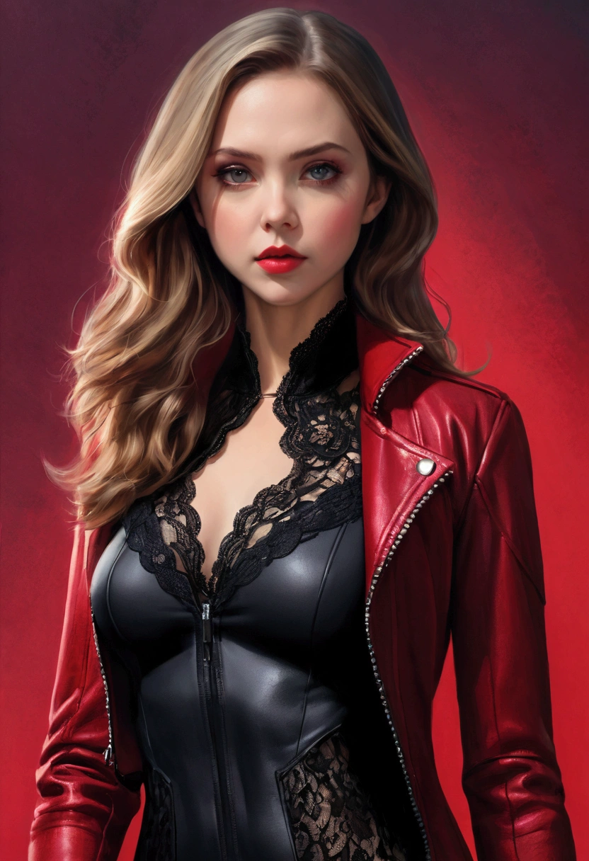 ((Inspired by Megan Hess)),Extremely detailed photo of a woman, Lola Elizabeth, Scarlet Witch, the Avengers, Wearing a black lace dress, Open red leather jacket, 8K Ultra HD, Original Photography, Model photo