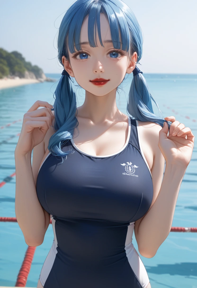 One girl, solo, long pigtails, blue hair, smiling, staring at you, bright blue eyes, blue pupils, red lips, large breasts, ball shaped breasts, tight waist, gentle face, beautiful Japanese woman, five fingers, school swimsuit, realization