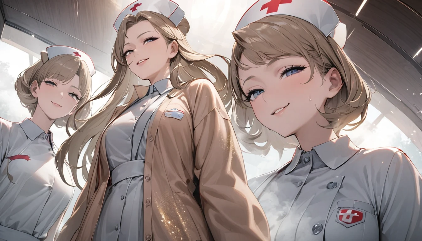 From below, Portraiture, Kind and beautiful nurse, Cool face, A shy smile, Superb proportions, She is wearing a loose cardigan over her nurse uniform., Glitter effect, fog effect、smug face、Cowboy Shot