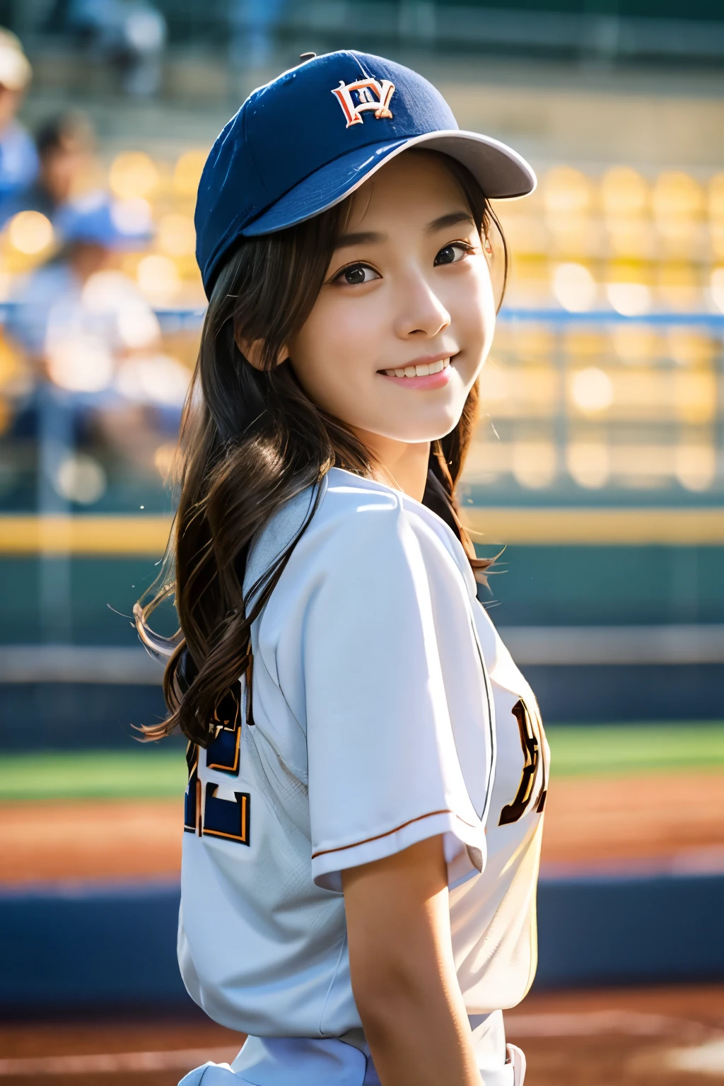 masterpiece、1 beautiful girl、high school baseball、Put on a hat、Playing a daytime game、sun、Playing a match、Full body image、fine eyes、smile,puffy eyes、highest quality, 超High resolution, (reality: 1.4), movie lighting、super beautiful、beautiful skin、body facing forward、Upper body,(ultra-realistic)、(High resolution)、(8k)、(very detailed)、(Beautiful and fine eyes)、(Super detailed)、 (wall-)、detailed face、bright lighting、professional lighting、Midsummer、Koshien Stadium、high school baseball、