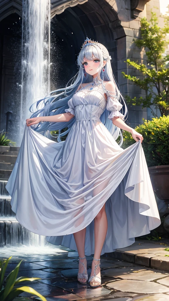 Princess, princess dress, long dress, crown , windy, high heels, dress lift, earings, , water, wet, wet dress