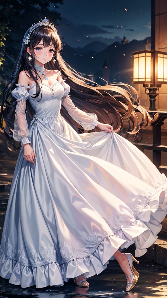 Princess, princess dress, long dress, crown , windy, high heels, dress lift, earings, , water, wet, wet dress