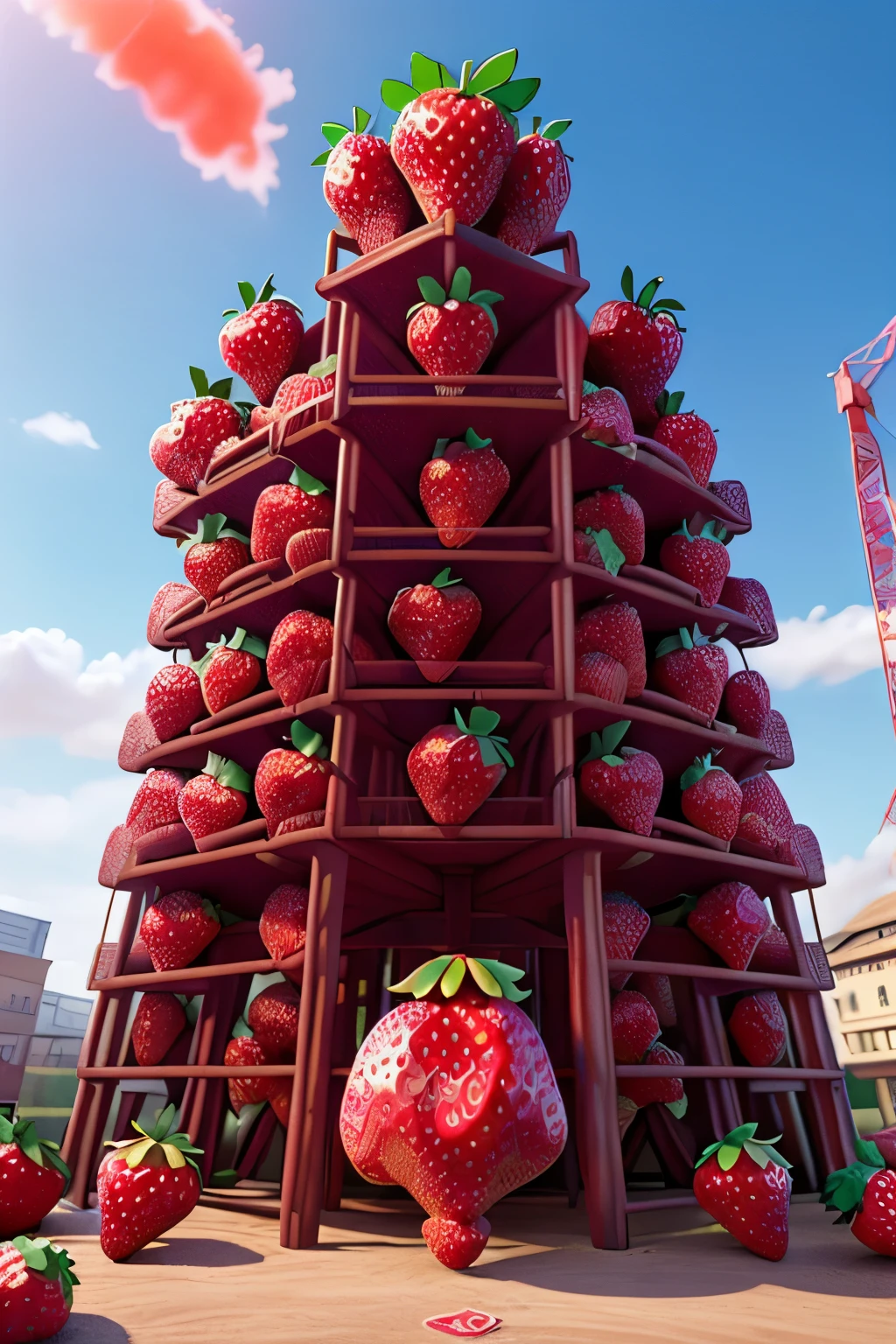 best quality, high resolution, ultra detailed, Huge (strawberry-shaped structure:1.2), (Strawberry motif:1.2), under construction, scaffolding, workers, foreman with drawings, crane, building materials, 