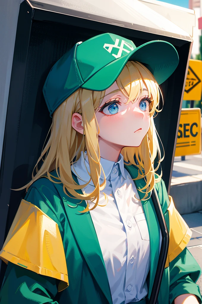 [[[[[1 female]]]]] Close up, only upper body visible, portrait, 1 female, janitor concept, janitor clothes, green clothes, Clothes that reach up to the neck, jumpsuit, plain clothes, hat, wearing a baseball hat, looking bored, looking tired, blue eyes, Holding a mop on the floor