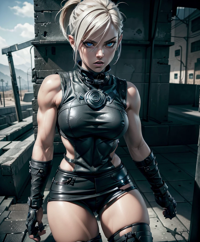 (((Full-length shot))),((Best quality)), ((masterpiece)), (detailed),MFBP1,muscular build and medium breasts .., wears an open black leather vest.., black leather gloves, a short skirt and heavy boots. She has a punk rock look.Hyper-realistic close-up photo of Rose Wilson DC, blue eyes,(Photorealism: 1.4), Create dystopian masterpieces. Post-apocalyptic world. Pay attention to small details, sharp focus. The palms of the hands are clenched into fists