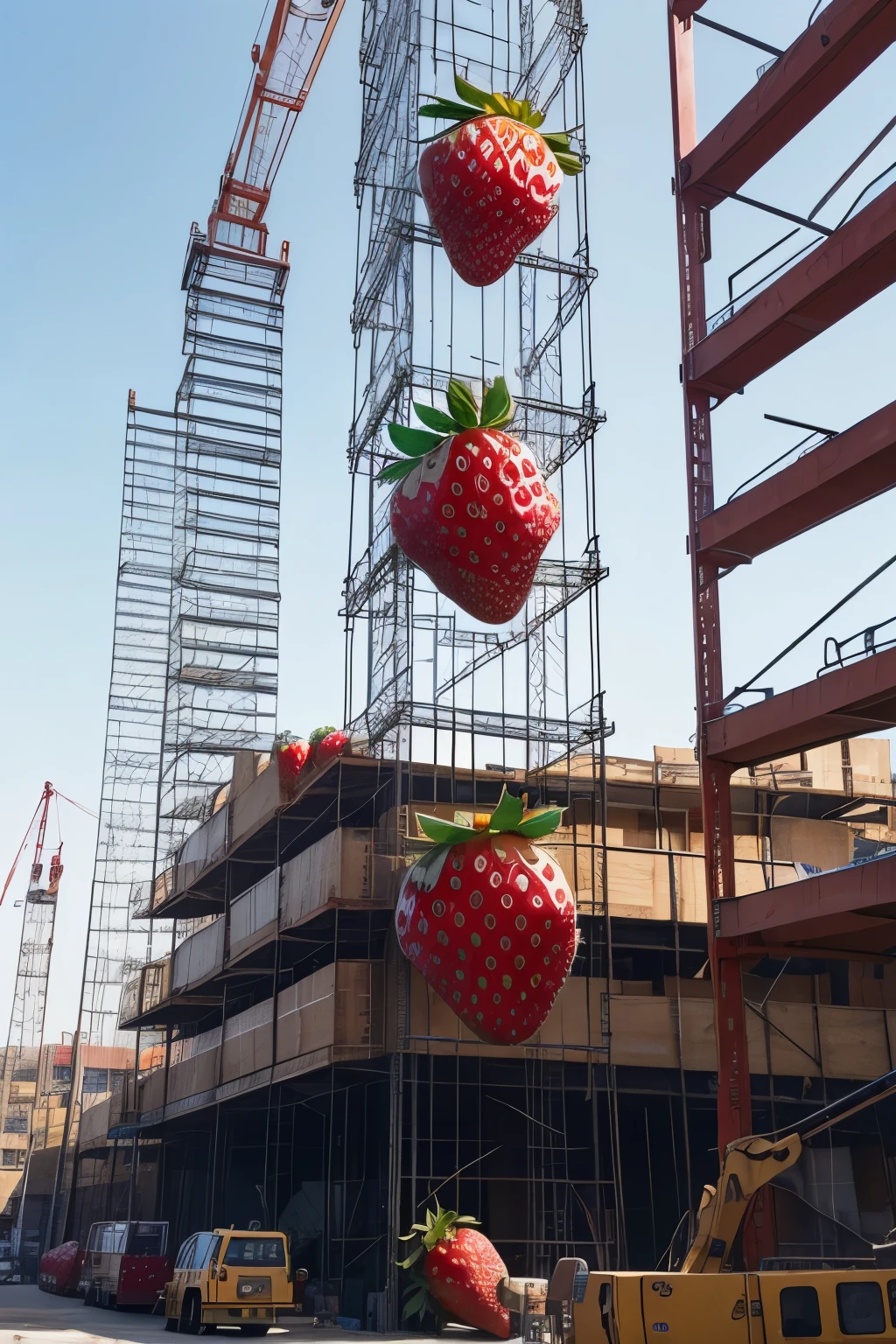 best quality, high resolution, ultra detailed, Huge (strawberry-shaped structure:1.2), (Strawberry motif:1.2), under construction, scaffolding, workers, foreman with drawings, crane, building materials, 