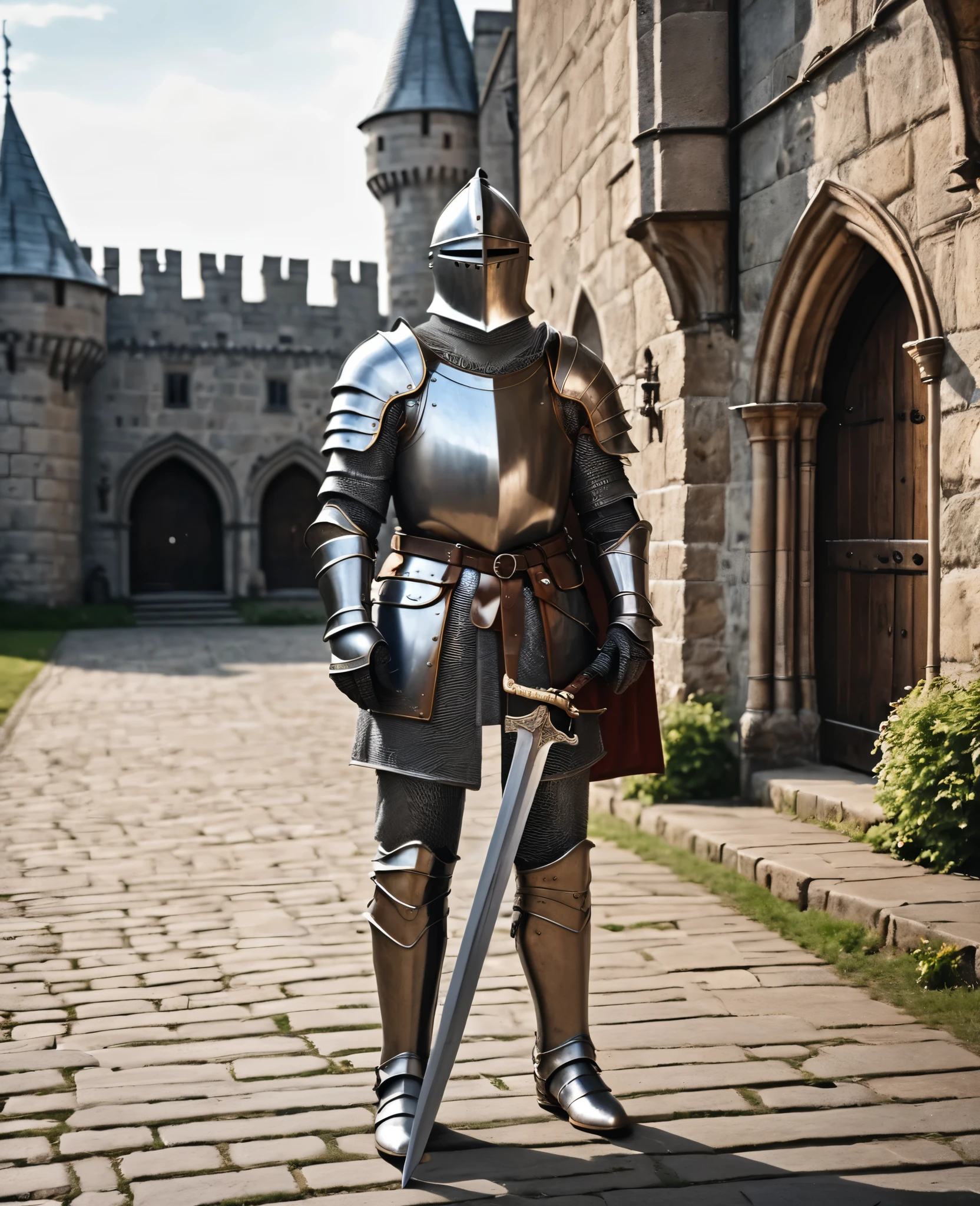 Highest quality realistic photos, Knight wearing iron armor, Standing in the courtyard of a medieval castle, With steel sword and shield