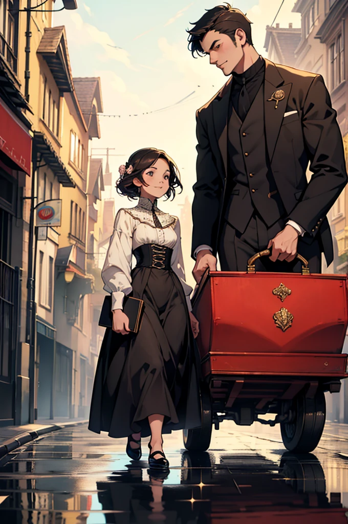 A stunning anime-style illustration of Colin Bridgerton and Penelope Featherington, the main characters of “The Secrets of Colin Bridgerton.” Colin, with his charming smile, is seen wearing his iconic black suit, while Penelope, in her modest but elegant attire, holds her small notebook close to her heart. The background shows the bustling streets of London, with carriages and people moving about. The colors are warm and inviting, reflecting the romantic and charming atmosphere of the story.