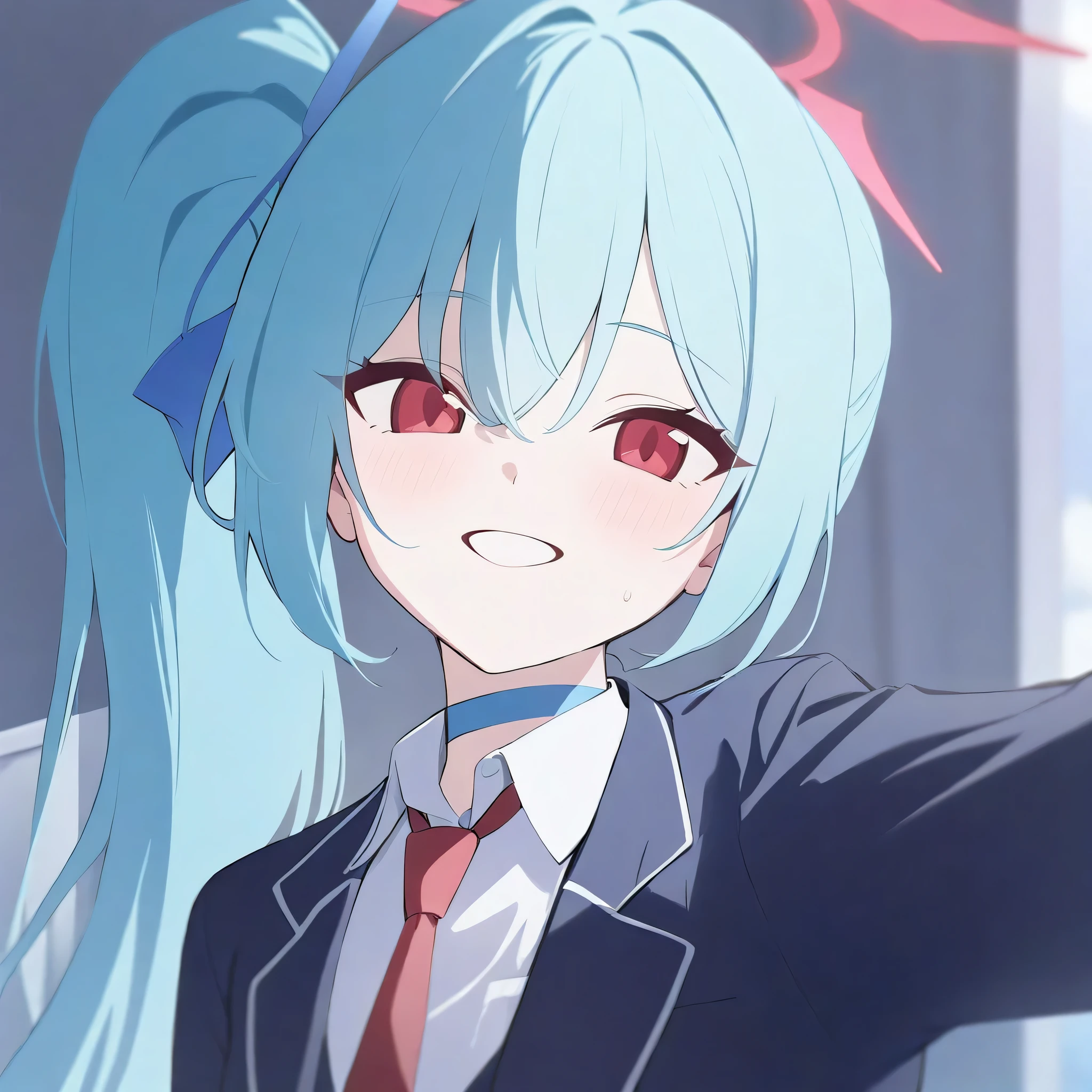 \(blue_archive\) best_quality newest_Cyan hair_Red eyes_Long hair_Red halo_Heart shaped halo_Pure smile_School uniforms_Red necktie_Cyan gradiant to blue choker_1girl_teenager_18 years old_One ponytail