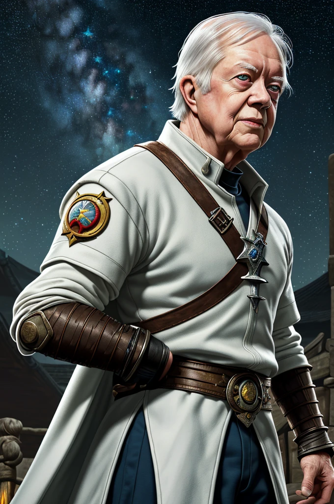 Highest quality，High resolution， ((Jimmy Carter)) ，（America），One person，（Fist of the North Star），（white_coat），brigandine hauberk, Overlord，male，One personで，strongest，Anime Style，（Starry Sky_background），(Limbs)，(Full Finger)，(Accurate fingertips), (The finer details), (Super detailed)，(Japanese sword:)，4K，(high resolution)，whole body, (Front angle), Looking at the camera,masterpiece，(Subtle details)，(Intricate details)，Octane Rendering，(Hyper Detail)，