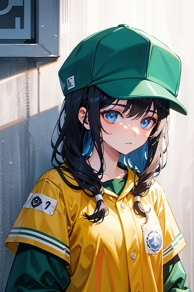 [[[[[1 female]]]]] Close up, only upper body visible, portrait, 1 female, janitor concept, janitor clothes, green clothes, Clothes that reach up to the neck, jumpsuit, plain clothes, hat, wearing a baseball hat, looking bored, looking tired, blue eyes, Holding a mop on the floor