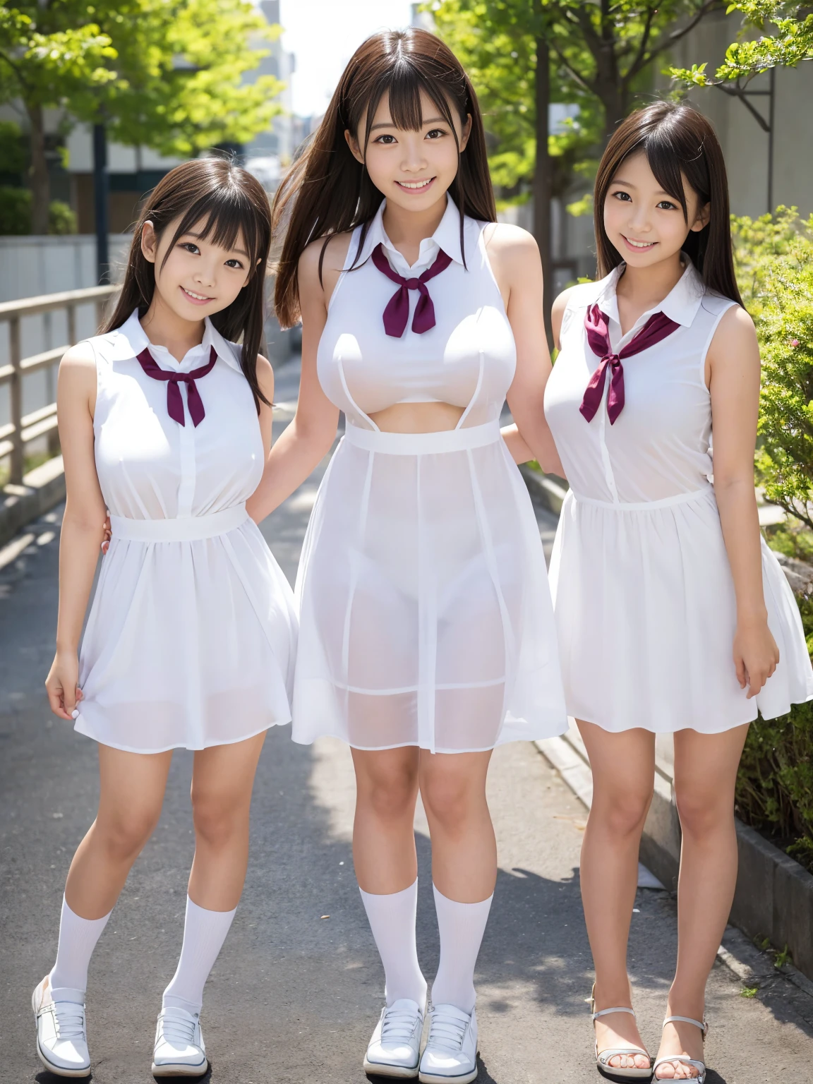 Japanese women, (Underweight), (Highest quality:1.5), (Bright smile:1.3),(Big Breasts:1.2), fun, walk, Long Hair, (A white, sleeveless, collared, tight, see-through dress), Bright atmosphere, Full Body Shot、No background、(Erect nipples)、(A dress that accentuates the body line)、Slim and beautiful thighs and legs、narrow and constricted waist,、 in Japan:1.3, Adorable expression、Expressions of happiness、10 years old、height: 1ce、Amazingly cute、Three Gir