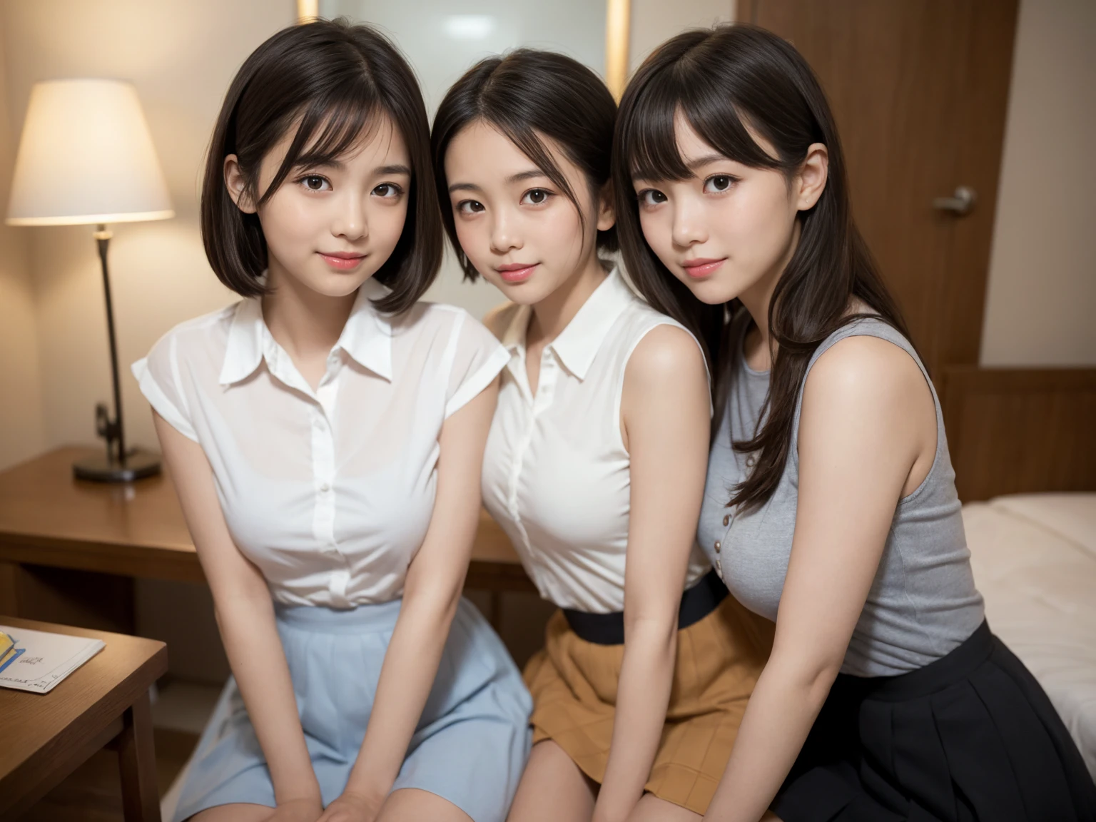 masterpiece, Highest quality, figure, Very detailed, The finer details, High resolution, 8k,wallpaper, Perfect dynamic composition,(Detailed high quality, Realistic depiction of eyes:1.3), (Three Girls), A white, sleeveless, see-through, tight shirt with buttons on the collar and chest., Grey tight skirt, Seraphim, Sitting, Leg spread, Short Bob Hair, In the background a hotel room, Deep in the field, Large Breasts, Black hair color, Big Natural Color Lip, (Perfect figure), smile、Harajuku Style、 in Japan:1.3), Adorable expression、Expressions of happiness、10 years old、height: 1ce、Amazingly cute、Cute typel feet, Idol Sculpture、(Big Breasts)、(Erect nipples:1.1)