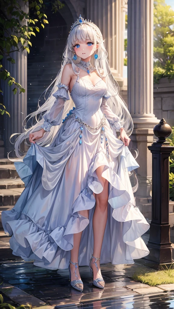 Princess, princess dress, long dress, crown , high heels, earings, , water, wet, wet dress