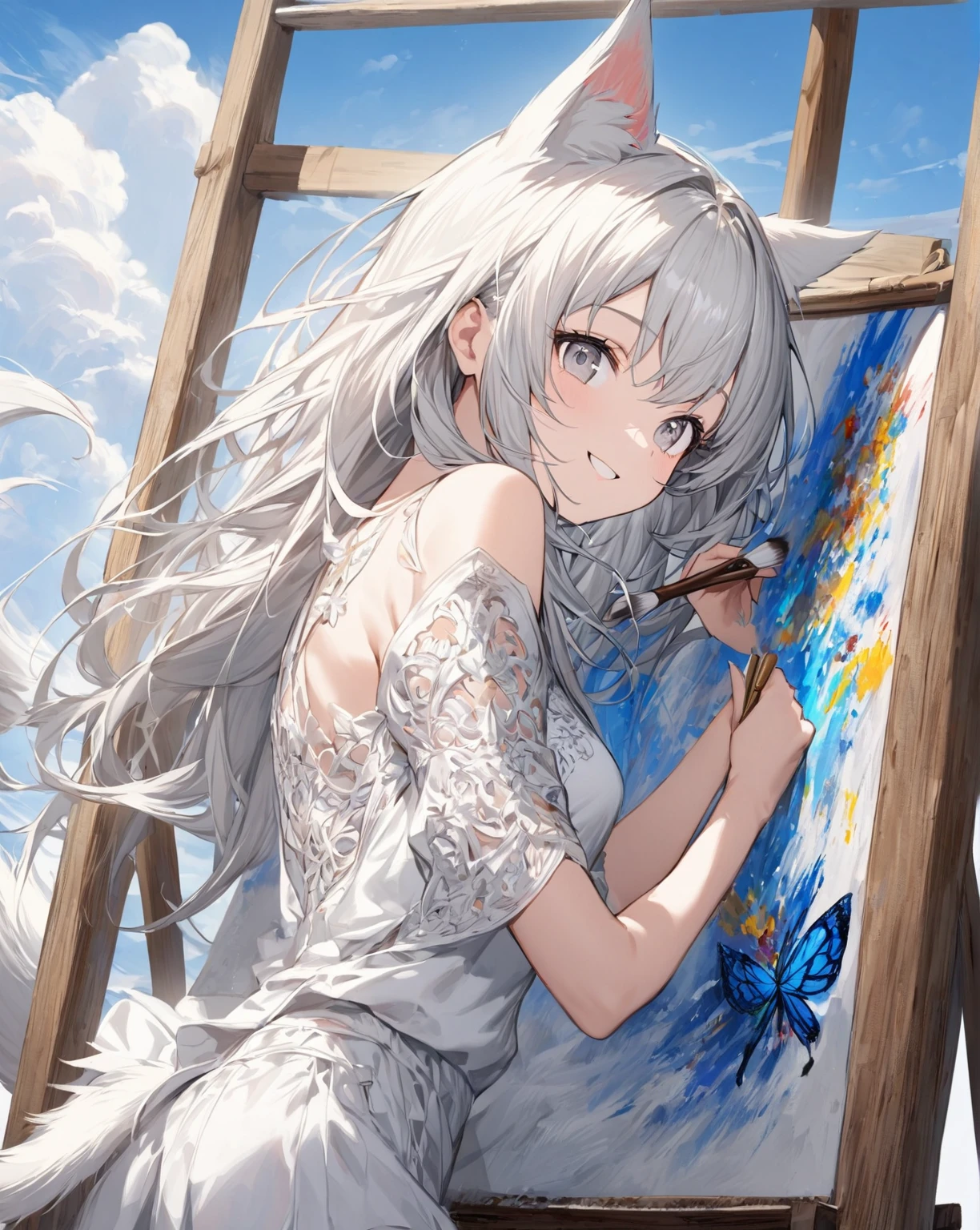 1girl that is painting a butterfly on the canvas. She's a very talented artist. Focus on her that is painting. 
1catgirl, cat ears, (white long hair)) , detailed grey eyes, intricate cool white dress. Bare shoulders, white Shorts. Portrait. Medium breast. Super detailed. Perfect anime grey eyes. 
Natural pose.  She's smiling , she's Smart . White fox tail. She's Painting a butterfly on the canvas . Artist's sprout with partially painted canvas. He is painting outdoors, it is a beautiful sunny day with blue skies, a few white clouds, meteorites and trails in the sky. Uncomplete drawing on the canvass. Artist pose. She hold a Brush and color palette. She's looking back at the viewer smiling while paining. 