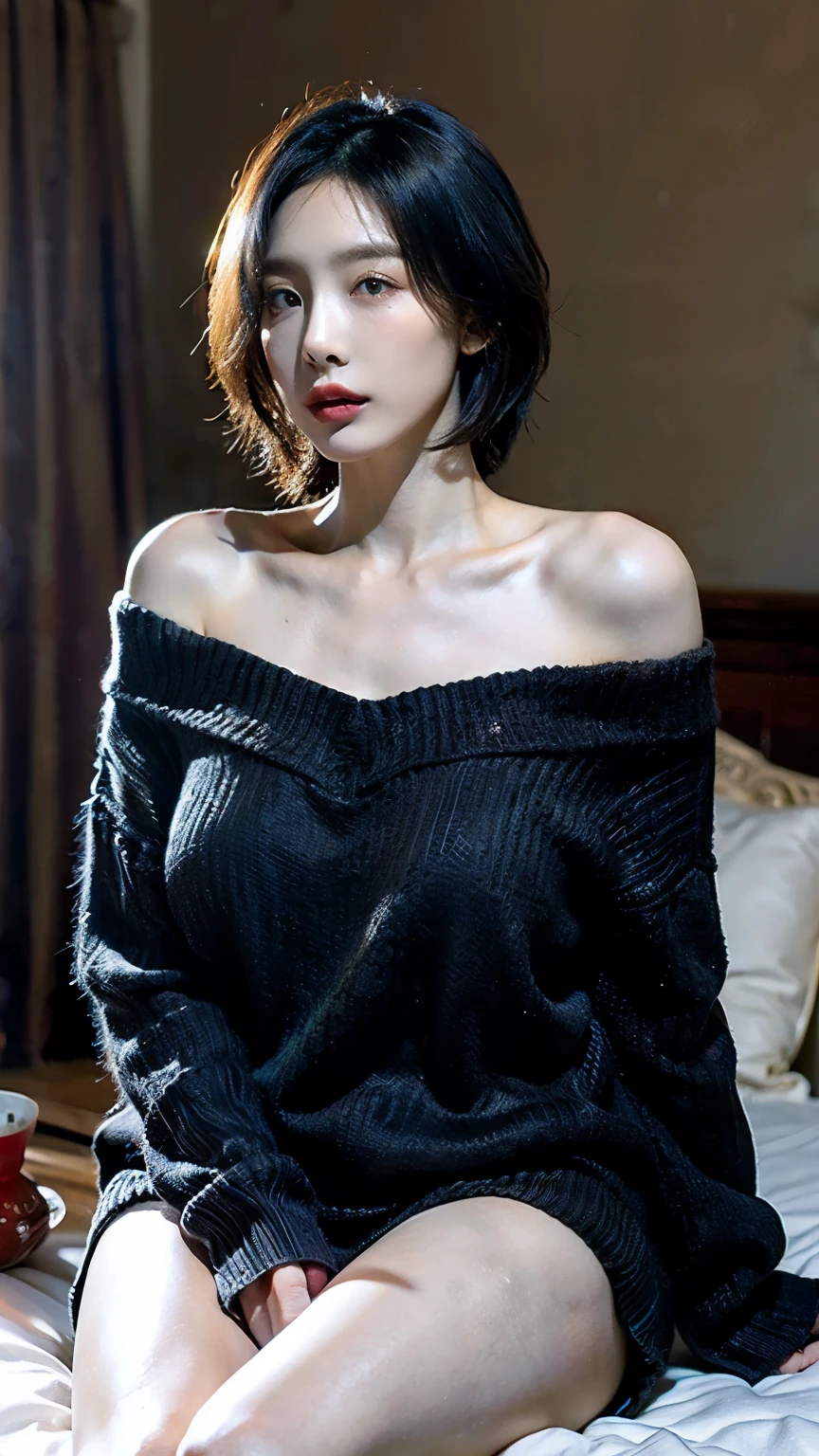 a 20 yo, (blue hair, bob hair), wearing dark red oversize sweater, off-shoulders, show cleavage, dark theme, soothing tones, muted colors, high contrast, (natural skin texture, hyperrealism, soft light, sharp). ((Show big thigh, plump body)). Sitting on the bed. Closing mouth