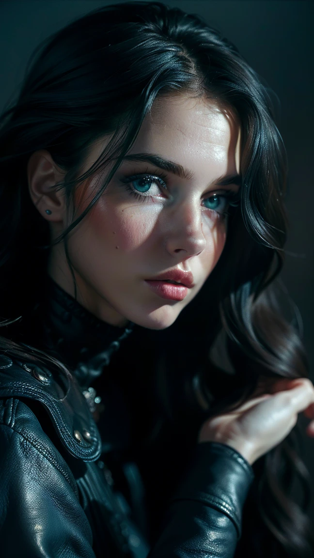(((ultra realistic))) Photo, masterpiece, top quality, (Pale skin), (Ultra detailed face and eyes.:1.3), 1 girl, adult, in a dress with a cutout, ((eye makeup, blue mascara)), ((big detailed lips)), ((light blue wavy hair)), ((stylish hairstyle)) , (natural breasts), Thin waist. ((Posing, hand on face)), Photoshoot, (Suave)Turning on, (The game of lights and shadows), depth of field, bokeh, (Special attention to leather details.: 1.2), detailed leather texture, skin pores. (Cool frame environment.. color combination - black, celeste, blue, Tons), DR, ((film grain)), ((good heavens)), (Glare), ((portrait from the waist up)) , ultra detialed,