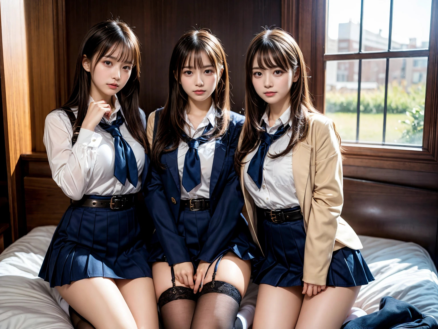 (8K, Raw photography, top-quality, masterpiece:1.2), master piece, best quality, illustration, Super detailed, fine details, High resolution, 8K,wall paper, perfect dynamic composition,(Details High quality, realistic depiction of eyes:1.3), ((2 girls, 2 schoolgirls)), The background is a luxury hotel room、High school girl uniform、blazer 、Super Short Check Uniform Skirt、Navy blue high socks、garterbelts、Colossal tits、Disturbed uniform, Play with each other,Touching each other's bodies,Touching the body of the girl next door, short bob hair, black hair color, huge breasts, Big Natural Color Lip, bold sexy pose, (perfect body shape), crying a little、cold gaze, Beautiful makeup,glitter makeup,Cutest 18 years old, beautiful legs, hposing Gravure Idol, Voluptuous thighs