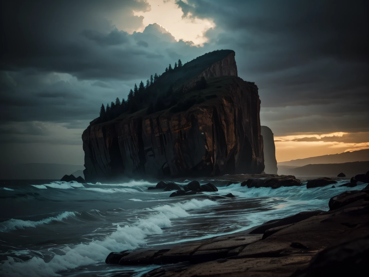 a dramatic cliff with 1000 intricate dents, dark horror atmosphere, dramatic lighting, moody colors, highly detailed, photorealistic, 8k, masterpiece
