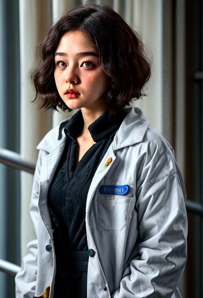 science fiction,science fiction movie,female,adult,protagonist,28 years old,hopeful face,갈색 eye,short hairstyle,black hair with white gray,Scientist Uniform,White Researcher Coat,open meadow,traitor,chaos,future world,The World of Socialism,eye,chaos