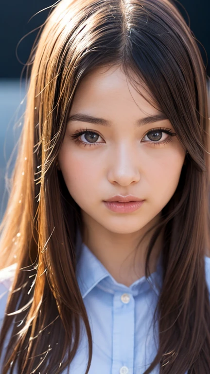 best quality, Ultra-high resolution, (Realistic:1.4), 1 girl, button shirt, Black skirt, School, Dark brown hair, breast, (blond:1.2), looking at the audience, (Highly detailed face:1.1),, (pure face_v1:0.8),Tik Tok,