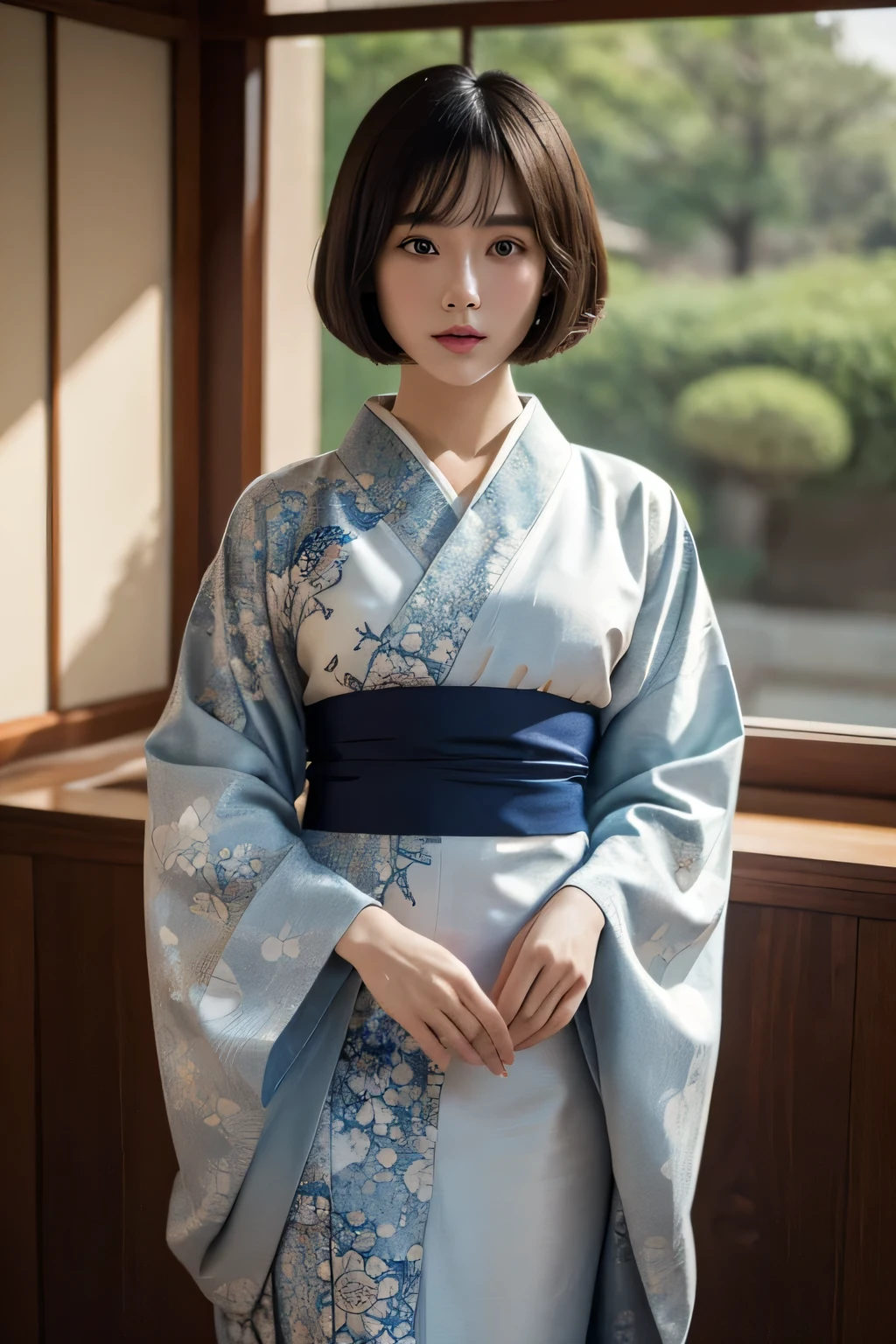 Top quality, masterpiece, HD, 1 Girl, Beautiful and perfect face, Bob Cut, Japanese clothing,kimono, Intricate details, Movie-like feel, 8K, Very detailed