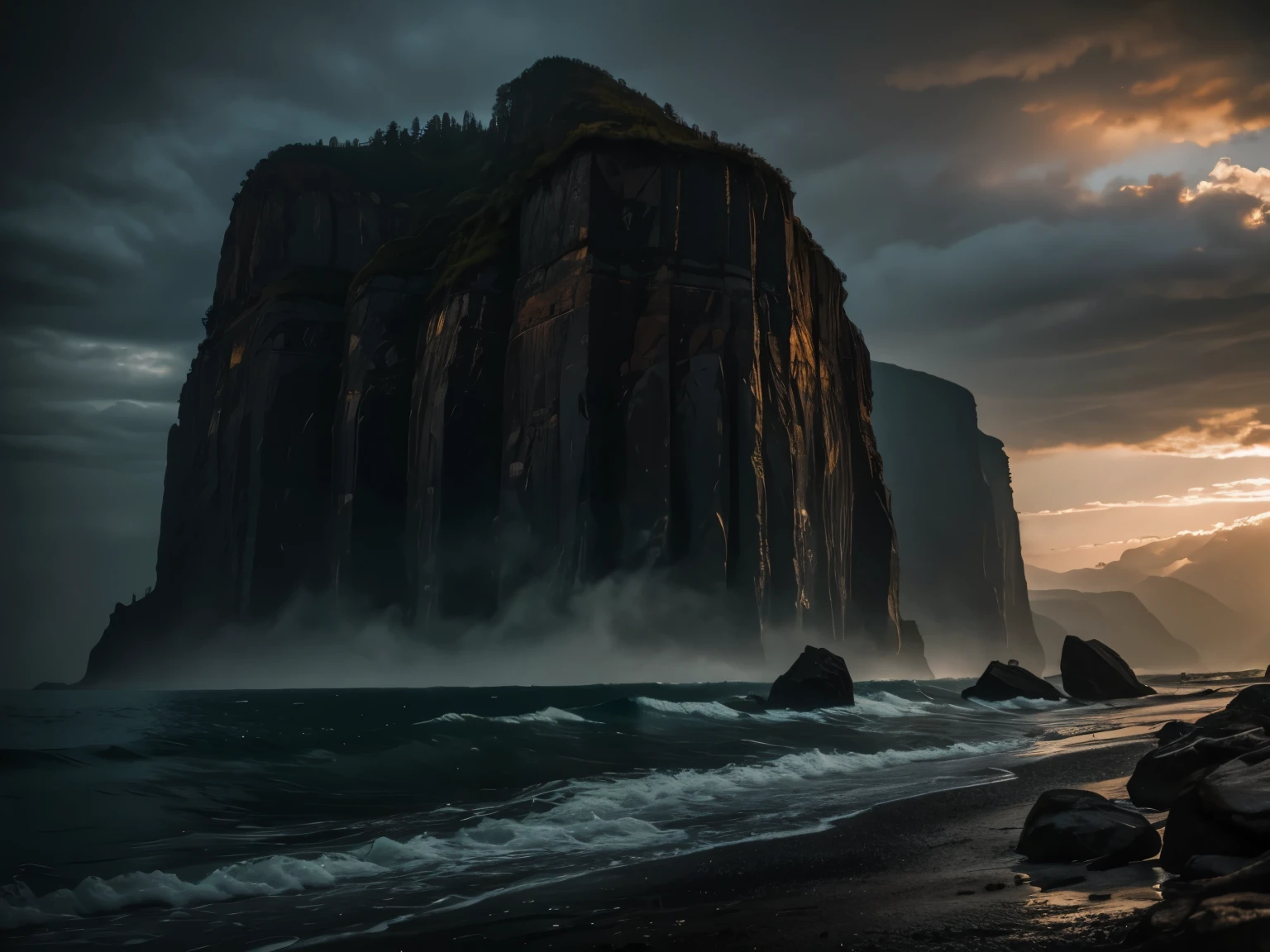 a dramatic cliff with 1000 intricate dents, dark horror atmosphere, dramatic lighting, moody colors, highly detailed, photorealistic, 8k, masterpiece