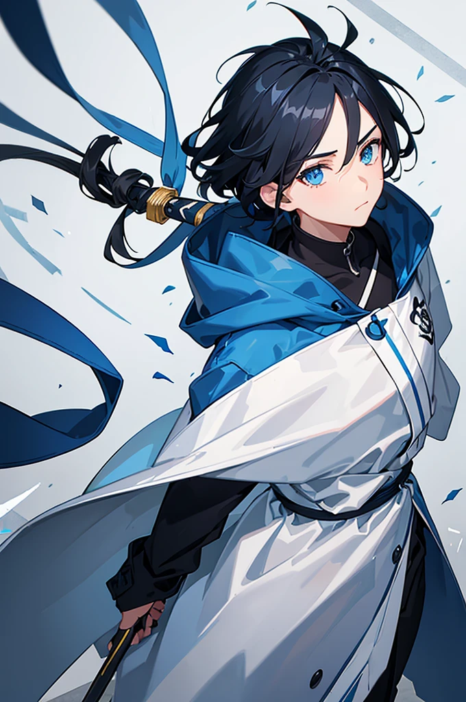 boy, athletic, square, black hair with blue streaks, blue and white raincoat, In the hands of a katana, white blade, Best quality, Blue eyes, eyes glow