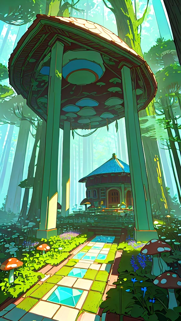 Wide angle shot of a mushroom house in a mysterious forest with vases as plants and a mosaic glass floor.