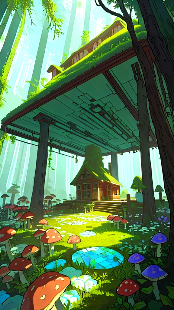Wide angle shot of a mushroom house in a mysterious forest with vases as plants and a mosaic glass floor.