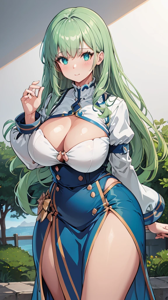High detailed, 1 girl, light green long hair, busty, firm plump body, genetics uniform , Juliet sleeves, pencil BLUE skirt, deep cleavage, Juliet sleeves