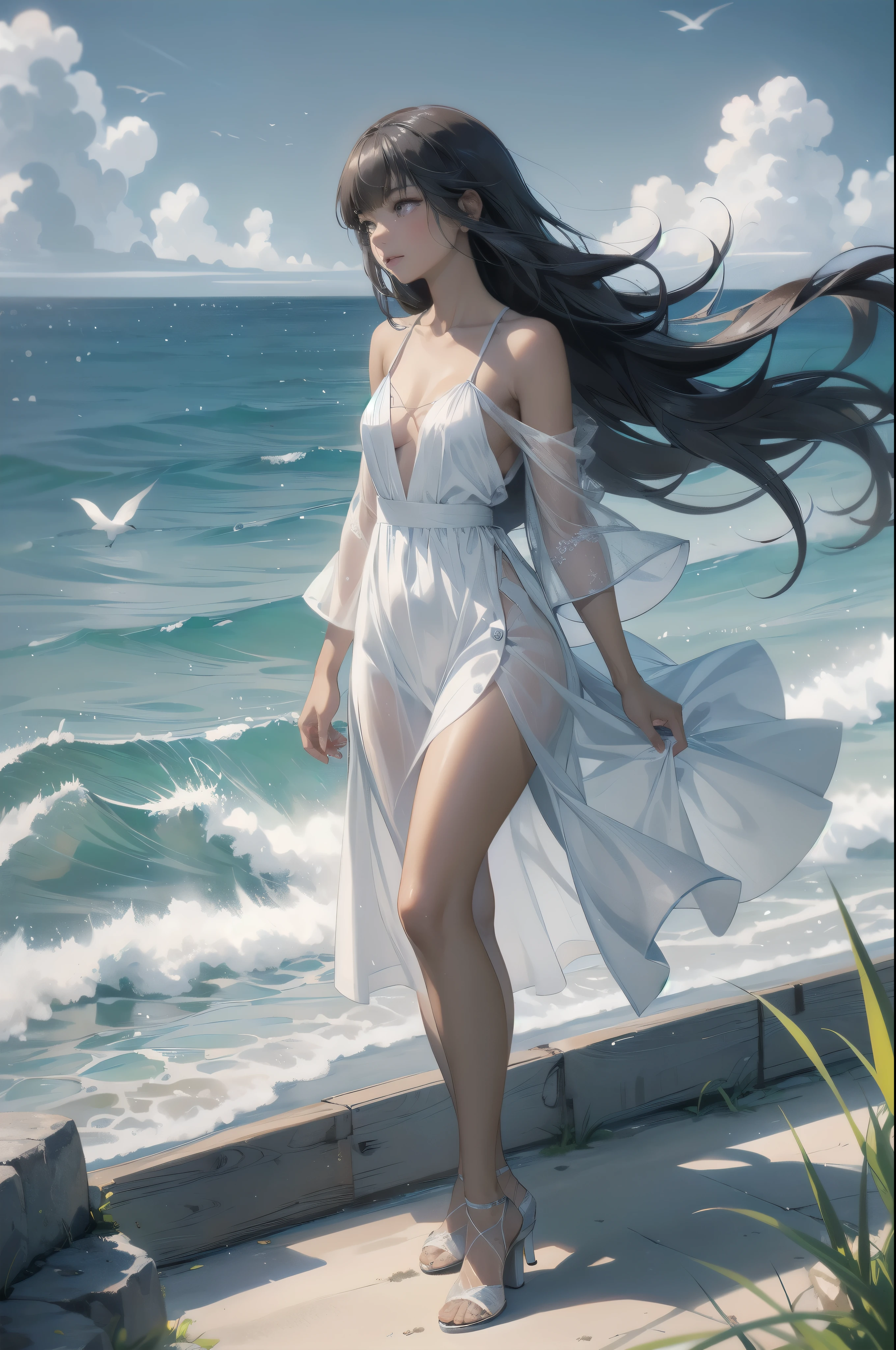 "Create an anime-style illustration of a young woman standing on a wooden deck overlooking a serene beach. She has long, dark hair and is wearing an orange sundress that flutters gently in the breeze. The woman is looking over her shoulder with a serene expression, her eyes reflecting a sense of calm and contemplation. She wears black strappy heels that add to her elegant yet casual appearance.In the background, capture a picturesque coastal scene with a clear blue sky dotted with fluffy, white clouds. A line of seagulls can be seen flying across the sky, adding a dynamic element to the serene atmosphere. To the right of the woman, depict a white lighthouse and a small house, both nestled on a grassy area near the beach. The ocean is a brilliant blue, with gentle waves lapping against the shore and rocks scattered along the coastline.The overall mood of the illustration should evoke a sense of peaceful solitude and natural beauty, highlighting the tranquil setting and the woman's quiet reflection."