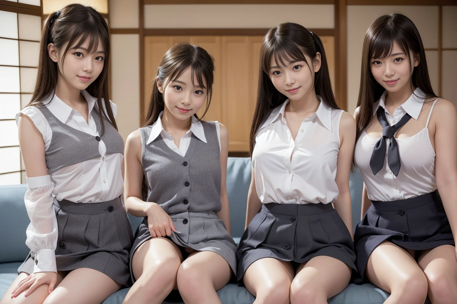 ((Highest quality, 8k, Masterpiece Details, Ultra-high resolution)), (Looking at the audience), (Full Shot:), 魅力的な5-peopleの女の子, 5-people, Slender:0.25, A white, sleeveless, see-through, tight shirt with buttons on the collar and chest., Grey tight skirt, (Sitting on the sofa), smile,Big Breasts、Erect nipples、(Elementary school girl in Japan:1.3), Adorable expression、Expressions of happiness、、height: 145cm、Baby Face、Amazingly cute、Cute type、(Lift up the skirt)