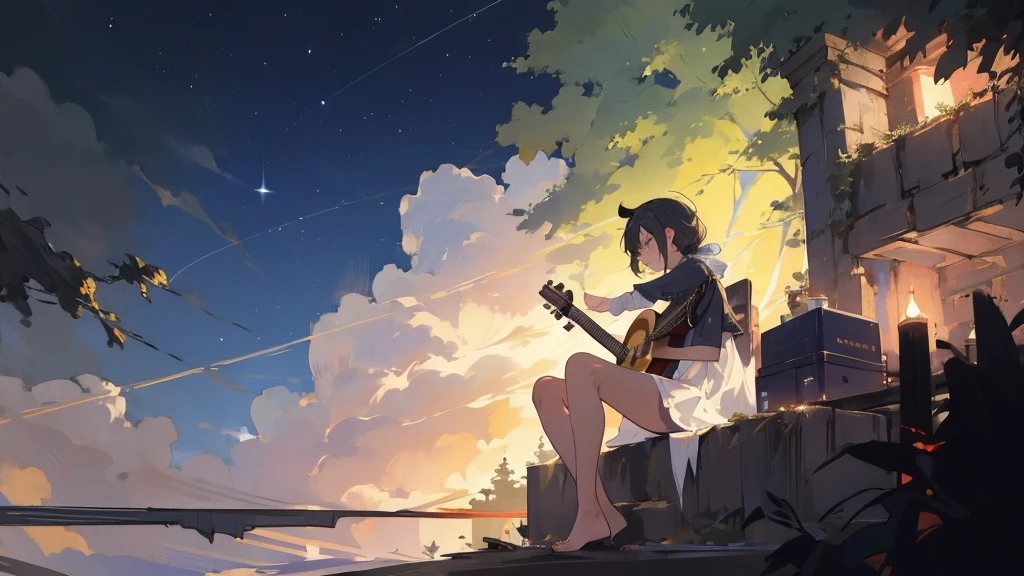 masterpiece,night,(dark alley),star、Night Sky、milky way、octone、
(1. Female), (solo), Knee hugging sitting,acousticguitar