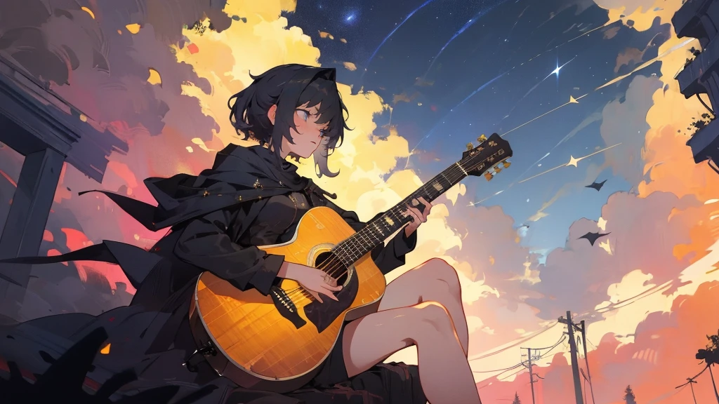 masterpiece,night,(dark alley),star、Night Sky、milky way、octone、
(1. Female), (solo), Knee hugging sitting，acousticguitar