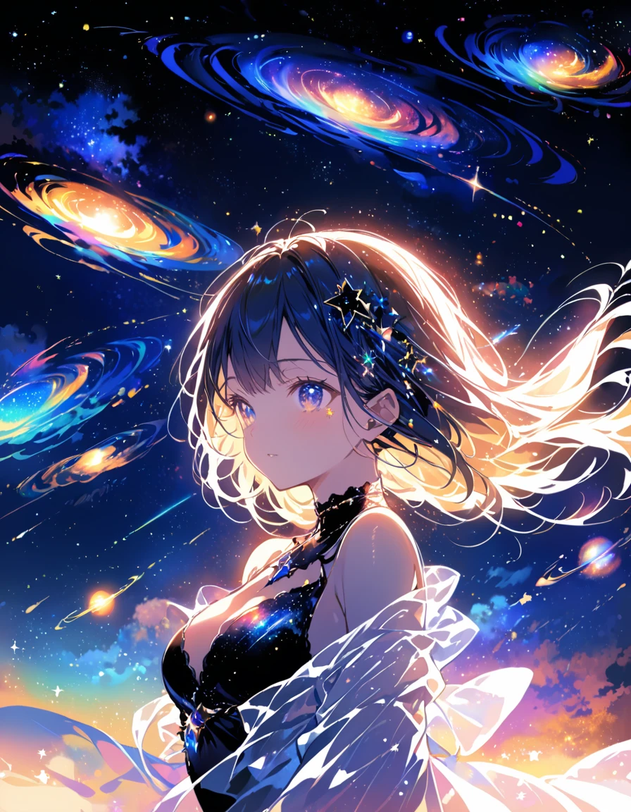 Attention to detail, Super Detail, Ultra-high resolution, A girl playing in a fantasy galaxy, Surrounded by stars, The warm light shines on her, Background depicting a starry sky，There are colorful galaxies and galaxy clouds, The stars fly around her, Delicate face, Add some fun , 