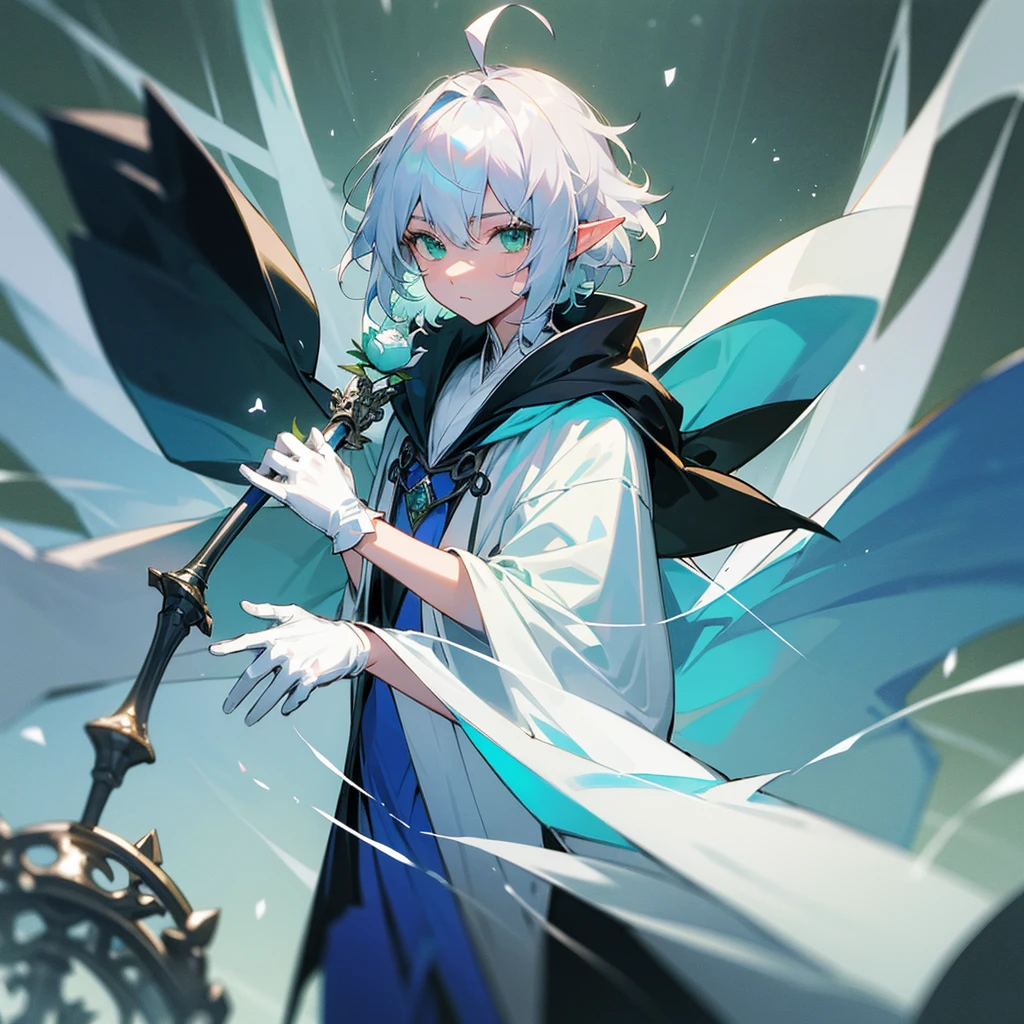 Elf, silver hair,short hair, medium cut, ahoge, curly hair,green eyes,slender, fair skin, robe,  cloak,White gloves, blue effect, ice effect, triumphantly,Ice Rose ,magic,green rose,Noble son